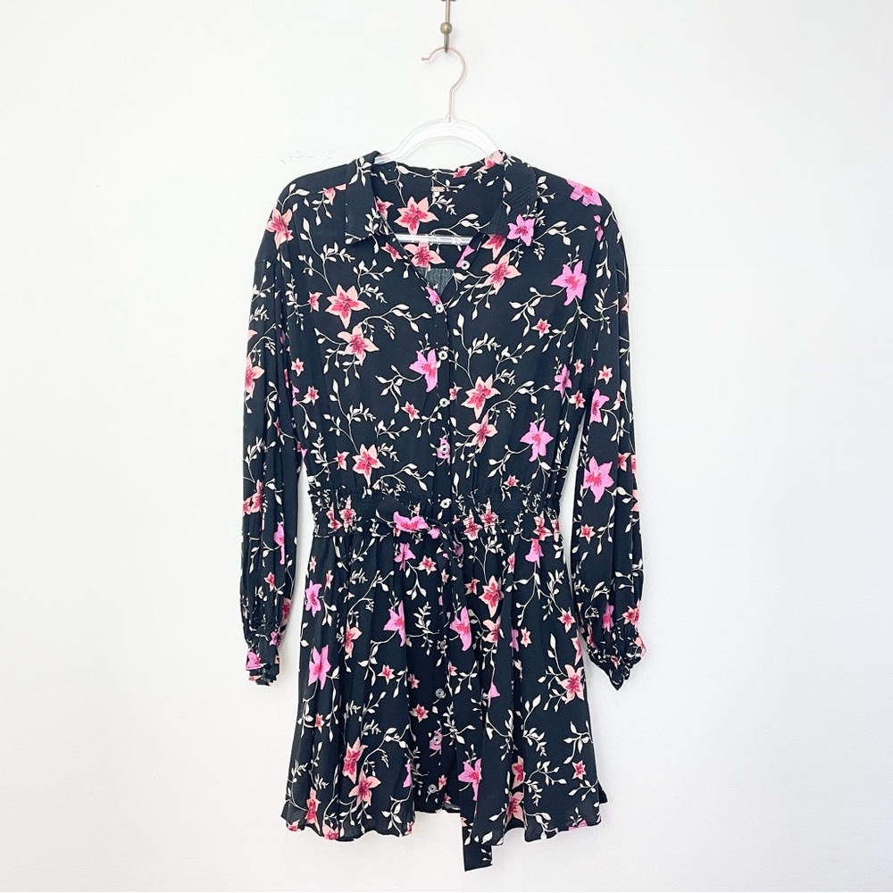 Free People Lighten Up Floral Mini Dress Long Sleeve Black Pink Boho Small - Picture 2 of 7